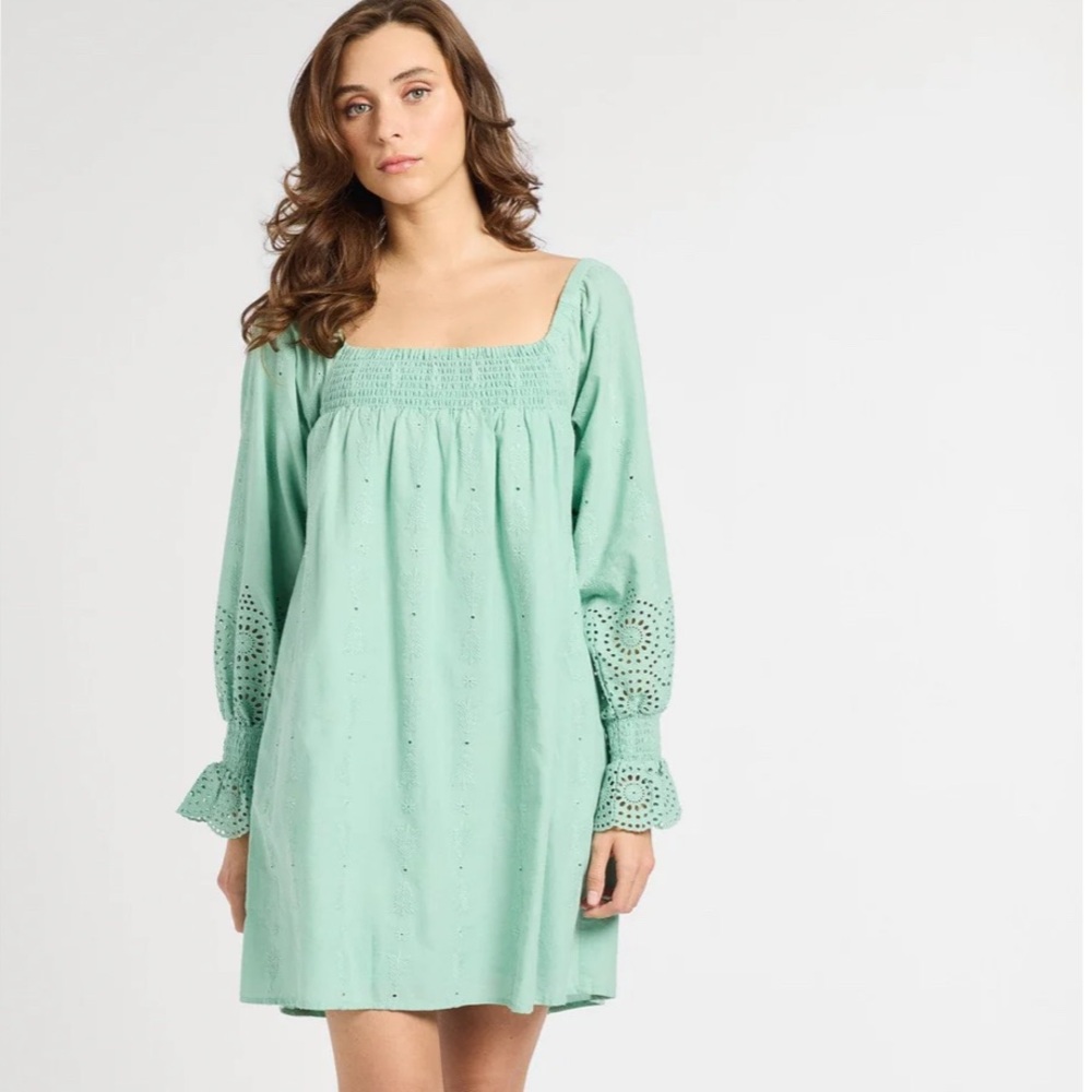 Mint Eyelet Smocked Mini Dress - Mint